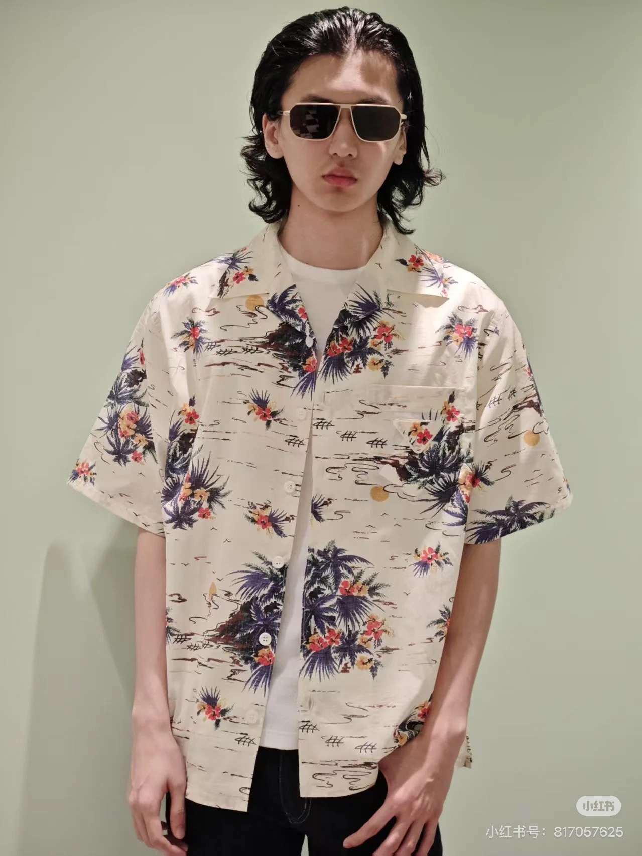 「正規品級」プラダ バニラプリント コットン ボウリングシャツ ベージュ 詳細画像 1