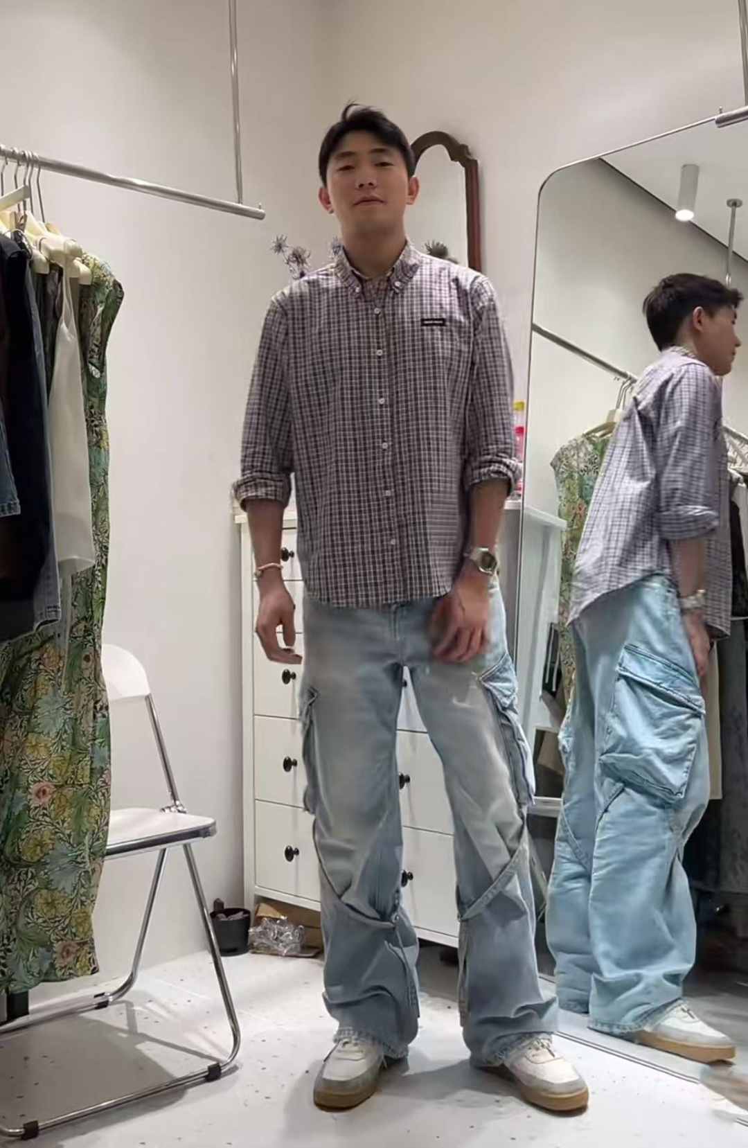 ミュウミュウのブラウンとブルーのチェック柄長袖シャツ 詳細画像 1