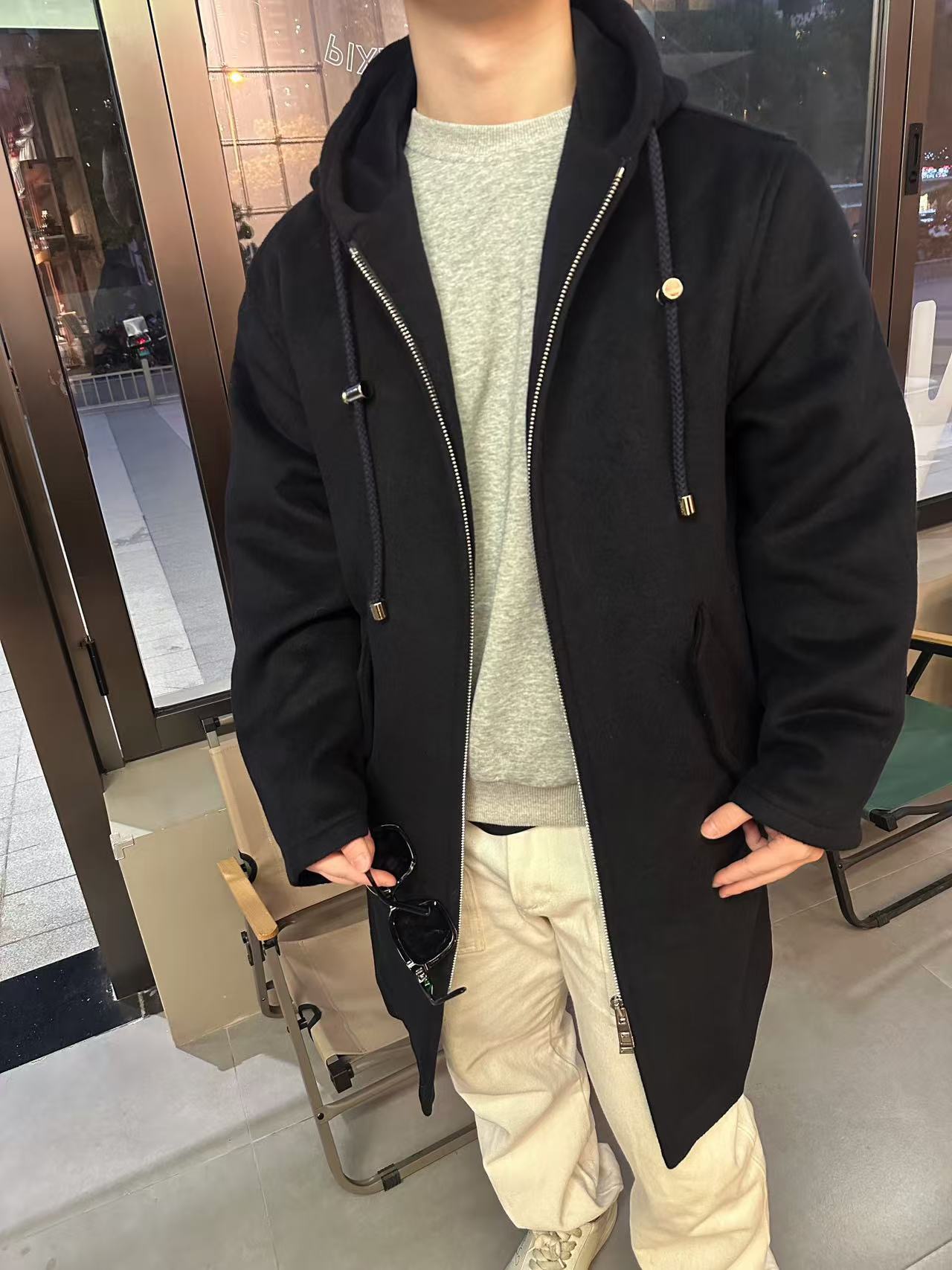 ロエベ レザーラベル フード付きロングウールコート 詳細画像 2