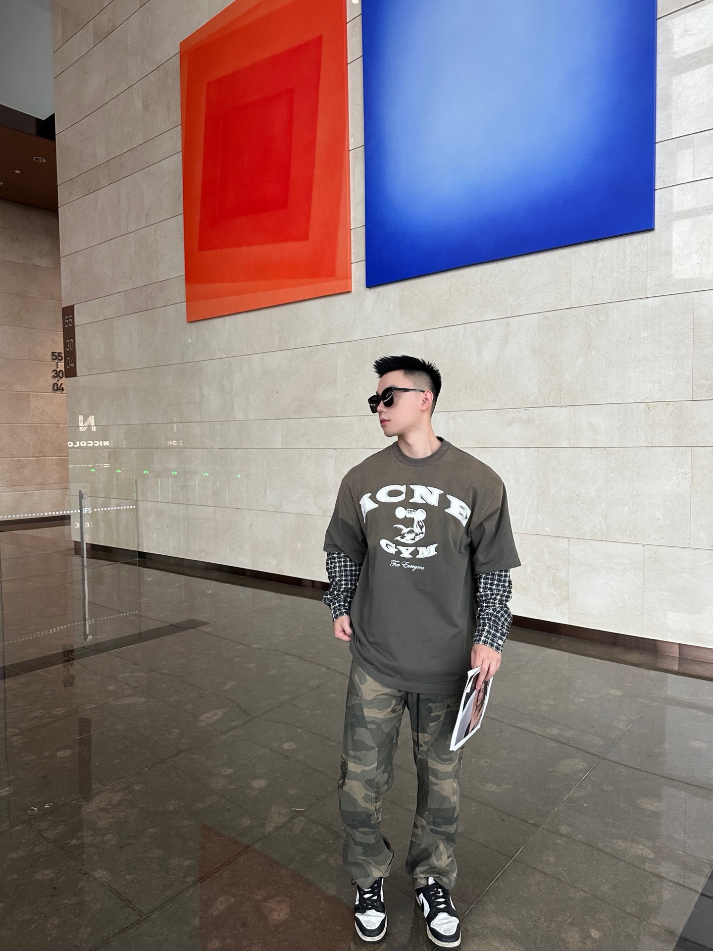 アクネ ストゥディオズ ダメージ加工ロゴ チェック柄スリーブ フェイクレイヤー ロングスリーブ Tシャツ グリーン 詳細画像 2