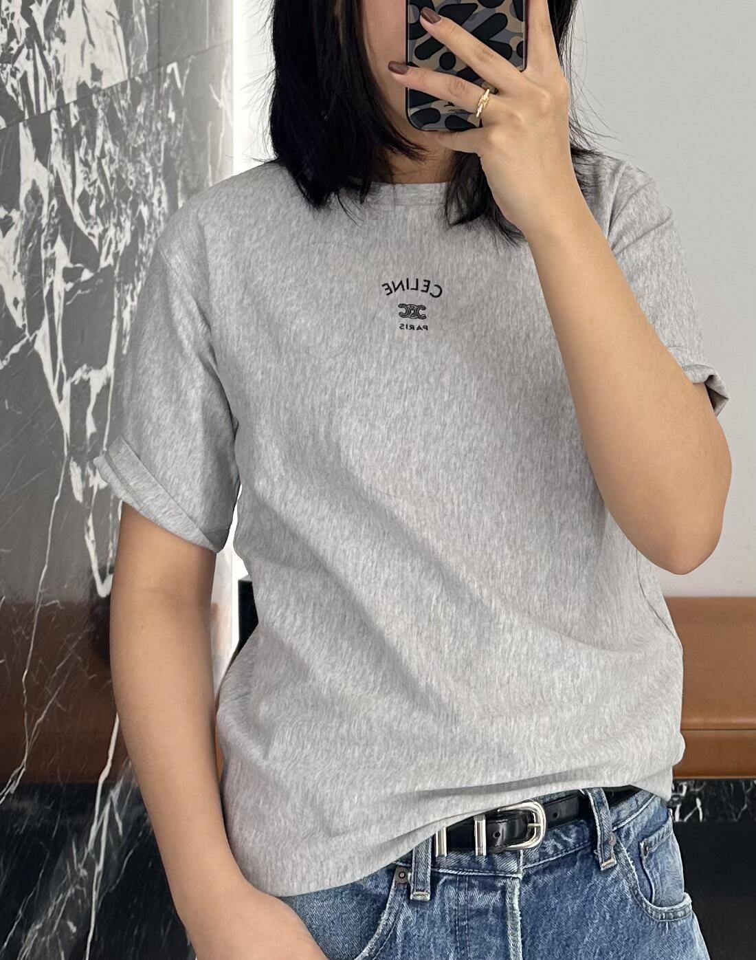 セリーヌ 凱旋門ロゴ 半袖Tシャツ、グレー 詳細画像 1