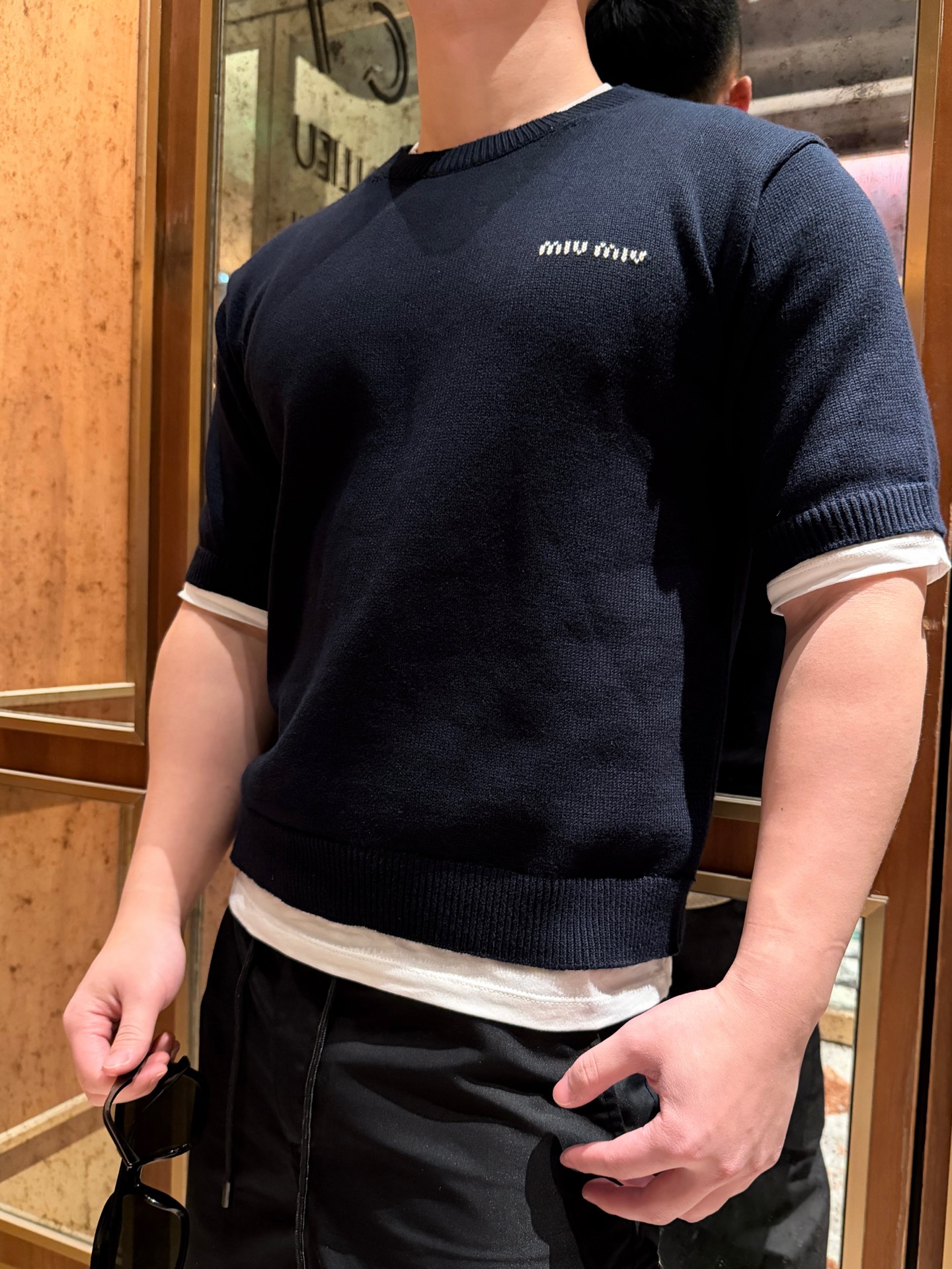 ミュウミュウ ニット フェイク ツーピース パッチワーク 半袖Tシャツ 詳細画像 1