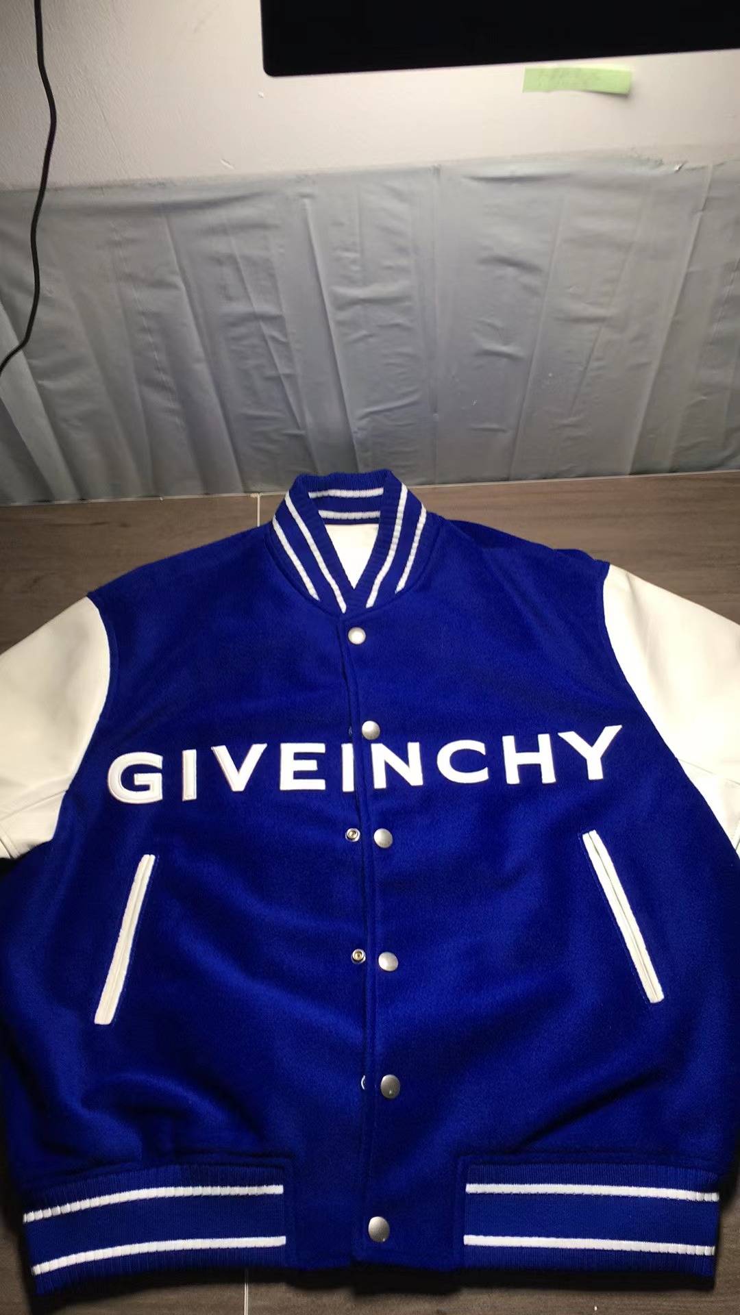 Givenchy Brand Logo Varsity Blouson Wool & Leather Blue