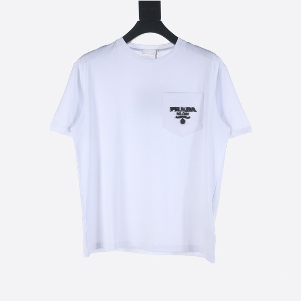 プラダ シェニール ロゴ パッチ T シャツ ホワイト