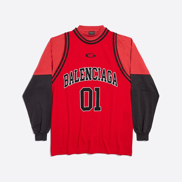 「正規品級」バレンシアガ バスケットボールシリーズ レイヤード ロングスリーブ Tシャツ レッド/ブラック