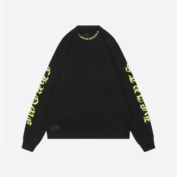 クロムハートネックラインサンスクリットプリントロングスリーブTシャツイエローブラック