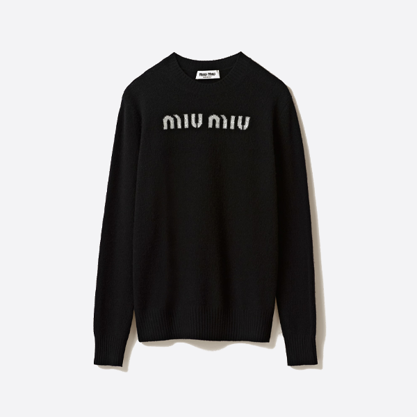 ミュウミュウのレタージャカード長袖クルーネックセーター