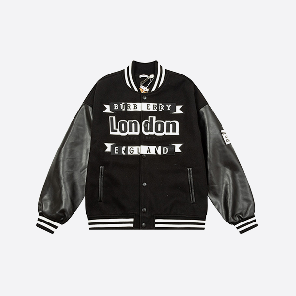 バーバリーのフロック文字刺繍パッチワークベースボールジャケット