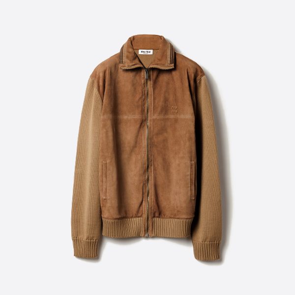 ミュウミュウのブラウンスエードパッチワークコート