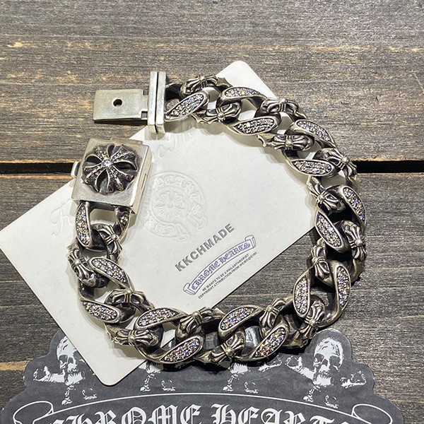 クロームハーツ VVS フルダイヤモンドセッティング スクエアクロス ハーフフラワー ラージブレスレット