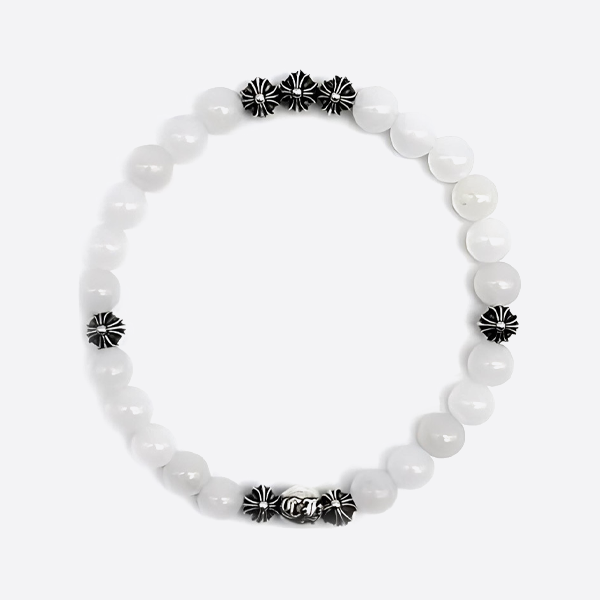 クロームハーツ 8個のシルバービーズクロスキャッツアイストーンブレスレット