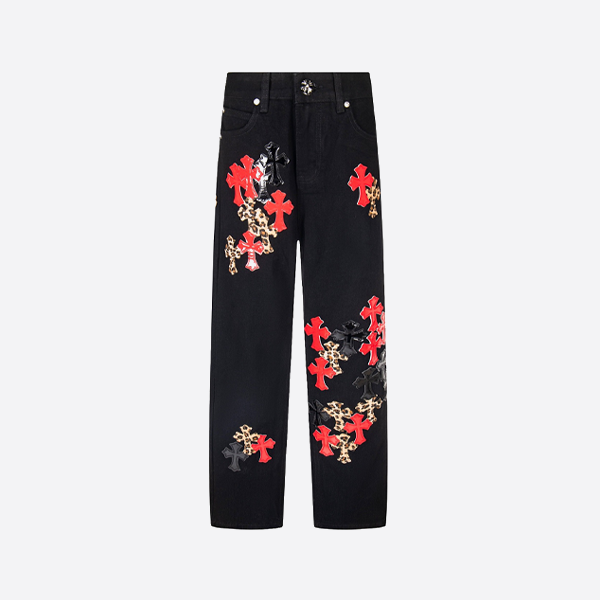 クロームハーツ ミラー加工のフレイムレッドのヒョウ柄ジーンズ