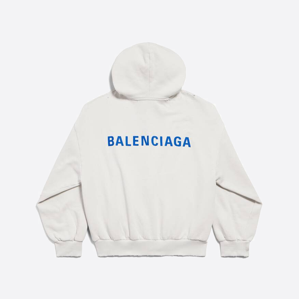 バレンシアガのロゴが刺繍されたフード付きジップアップ ジャケット、ホワイトとブルー。