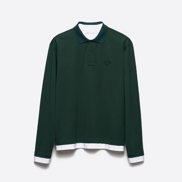 プラダのパッチワークラベルフェイクツーピース長袖ポロシャツ