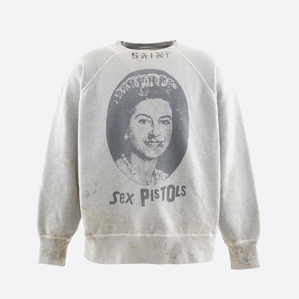 SAINT Mxxxxxx クイーンエリザベス ダメージプリント クルーネック スウェットシャツ