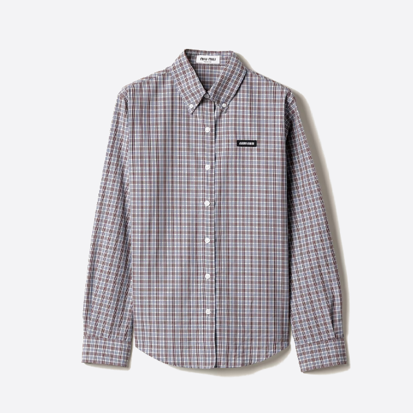 ミュウミュウのブラウンとブルーのチェック柄長袖シャツ