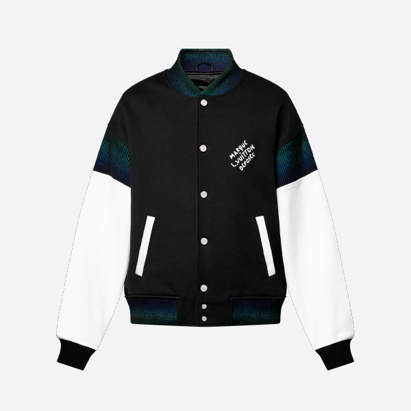 ルイ・ヴィトンの白黒パッチワークレザーベルト付きジャケット、ベースボールコート