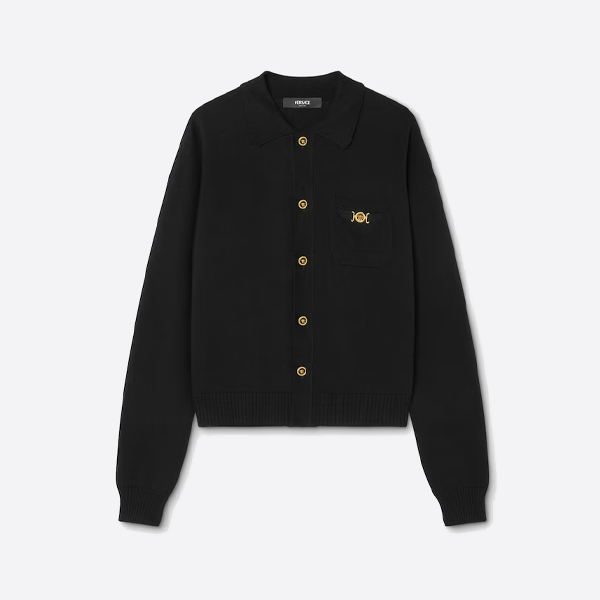 ヴェルサーチのメタルロゴ入りラペルニットカーディガン