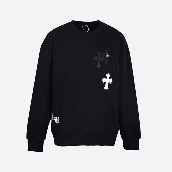 Chrome Hearts レザークロス クルーネック スウェットシャツ、ブラック