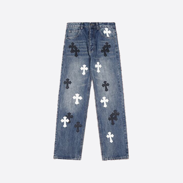 クロムハーツのウォッシュブルー、ブラック、ホワイトレザー装飾ストレートパンツ