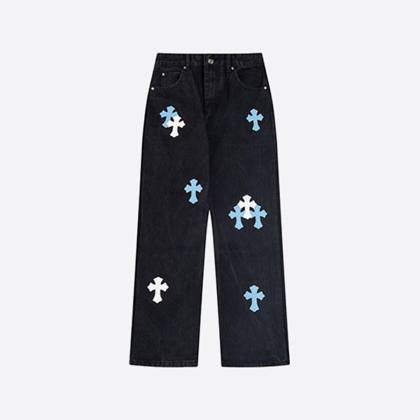 Chrome Heartsジーンズ、ブルーとホワイトのカラーブロッキング