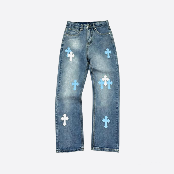 Chrome Hearts ウォッシュドブルーレザージーンズ - ホワイト＆ブルー