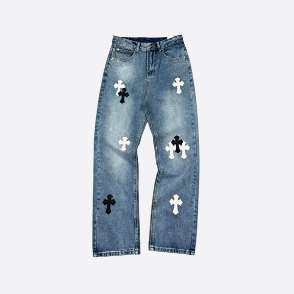 Chrome Hearts ウォッシュドブルーレザージーンズ、ホワイト＆ブラック