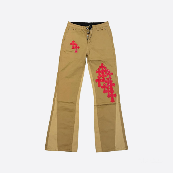 Chrome Hearts カーキ パッチワーク レッドレザー フレアジーンズ