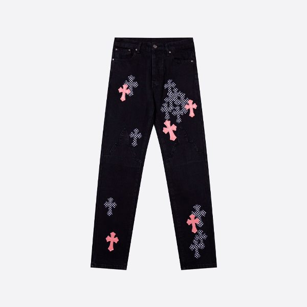 Chrome Heartsのチェック柄カラーブロックパッチワークストレートレッグトラウザーズ