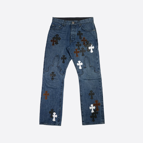 Chrome Heartsのウォッシュ加工ブルーカラーブロックレザーパッチワークストレートレッグトラウザーズ