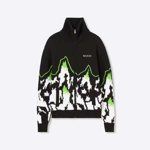 グッチのスキーをテーマにしたマウンテンビューの花柄ハイネックニットジップアップジャケット