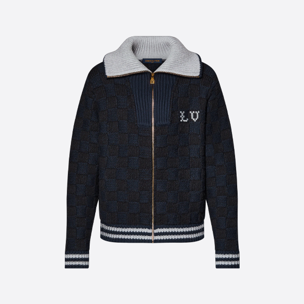 ルイ・ヴィトンのチェック柄カラーブロックリブベルト付きジップアップニットカーディガン