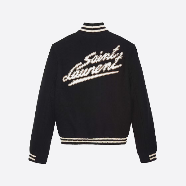 背面に文字が入ったサンローラン本革ベースボールジャケット