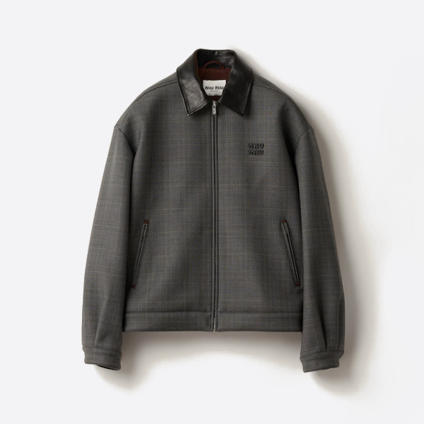ミュウミュウのレザーカラーチェック柄ジップアップジャケット
