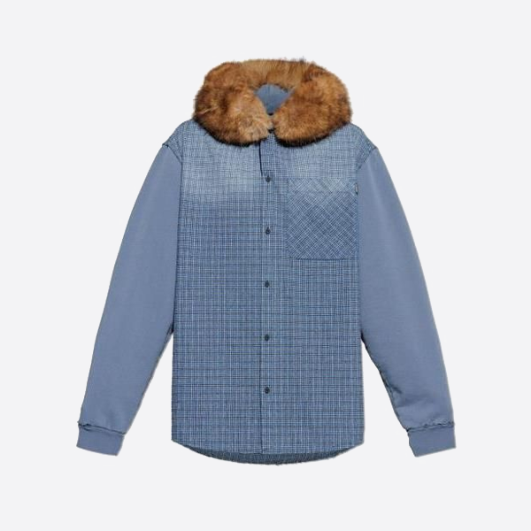 バレンシアガのチェック柄パッチワークフード付きカーディガン（ファーカラー付き）