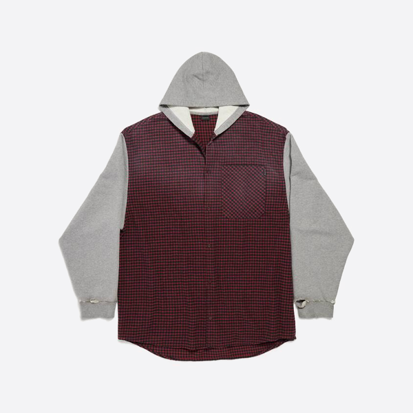 バレンシアガのチェック柄パッチワークフード付きカーディガンジャケット（レッド）