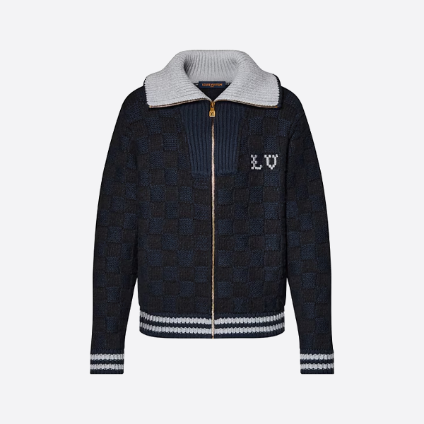 ルイ・ヴィトンのチェック柄カラーブロックリブニットセーターカーディガン