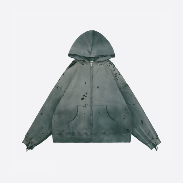 セントマイケルのダブルレイヤーダメージ加工ワッフルフードジャケット（グリーン）