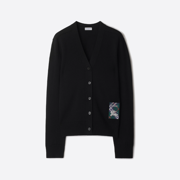 バーバリーチェックの乗馬アップリケカーディガンセーター、ブラック