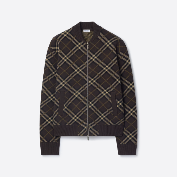 バーバリーのツイルチェックウールブレンドニットジップアップジャケット