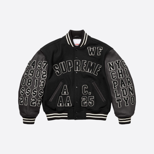 シュプリーム シェニールアップリケ ハイスクール キャプテンスリーブ ベースボールジャケット、ブラック