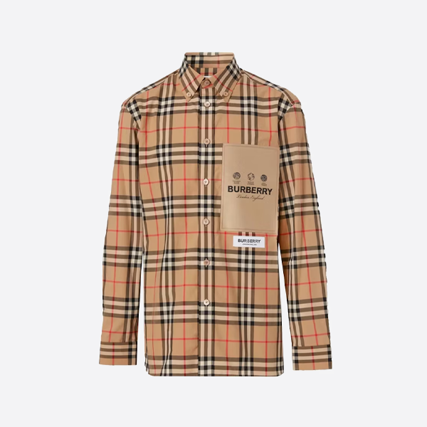 バーバリーラベルパッチチェック柄長袖シャツ