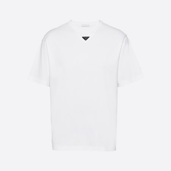 プラダの新作半袖シャツ（トライアングルロゴ入り、ホワイト）