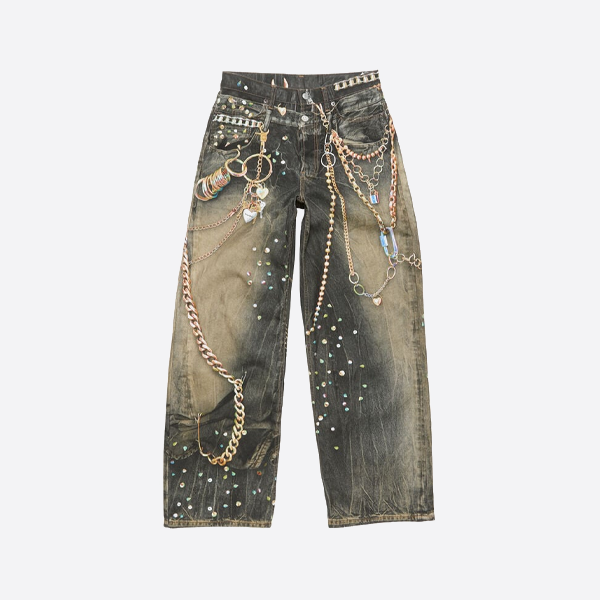 アクネ ストゥディオズのブラック＆ゴールドチェーンプリントトラウザーズ