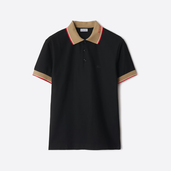 バーバリー 半袖ポロシャツ（ネックラインにウェビングとレタリング入り）、ブラック
