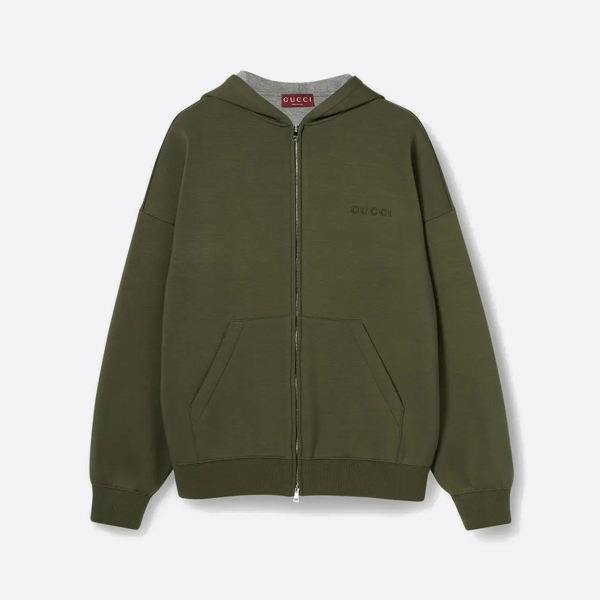 グッチのスローガン刺繍入りスペース柄コットンジップアップパーカー