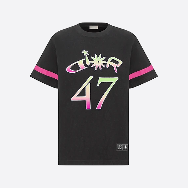 ディオール 47 グラデーションレターアップリケ刺繍入り半袖Tシャツ、ブラック