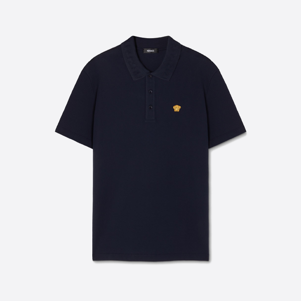 ヴェルサーチ ゴールドラベル刺繍入り半袖ポロシャツ、ブルー