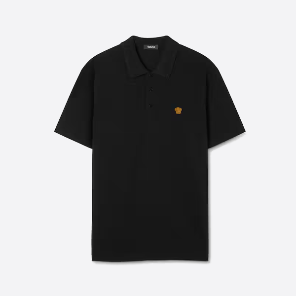 ヴェルサーチ ゴールド刺繍入り半袖ポロシャツ、ブラック