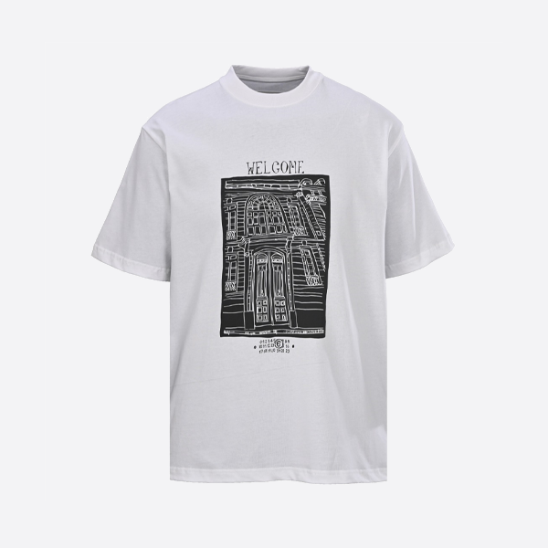 メゾン・マルジェア ヴィンテージ建築柄手描きプリント クルーネック半袖Tシャツ